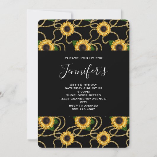 黄色のひまかわいらしばら模様オンブラック誕生日 招待状 (正面)