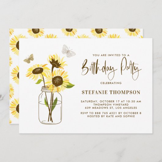黄色のひまわりが入ったメイソンジャー 誕生日パーティー 招待状 (正面/裏面)