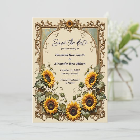 黄色のひまわりが描かれたアートウェディングフレーム セーブザデート (スタンド正面)