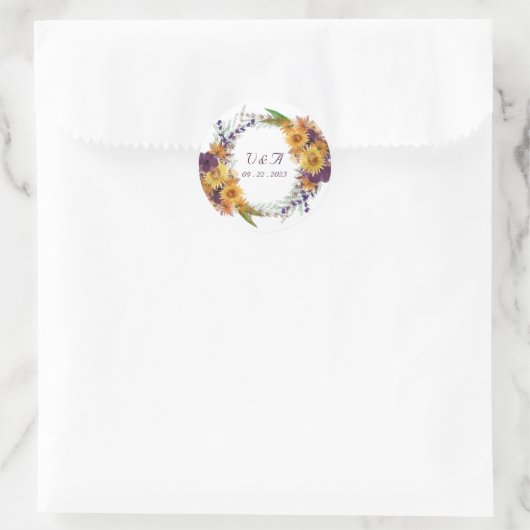 黄色のひまわりとピンク、紫の花の花輪 ラウンドシール (バッグ)