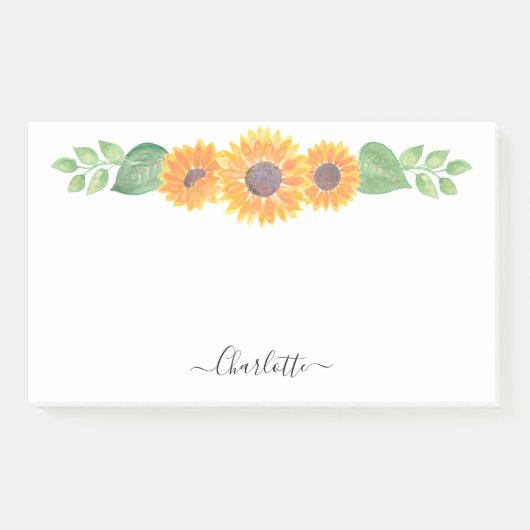 黄色のひまわりの水色の葉パーソナライズされた ポストイット (正面)