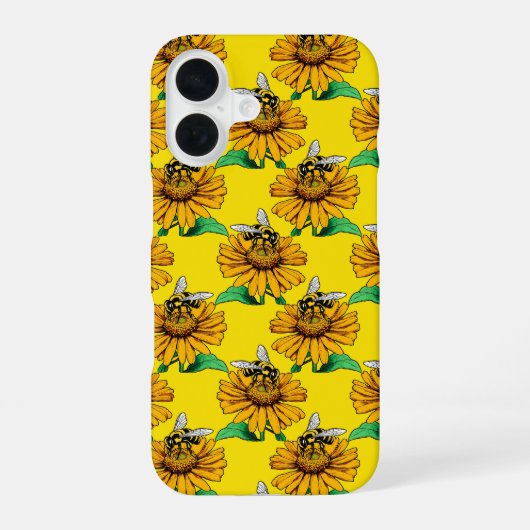 黄色のひまわりの花のデザインのミツバチ  iPhone 16ケース (裏面)