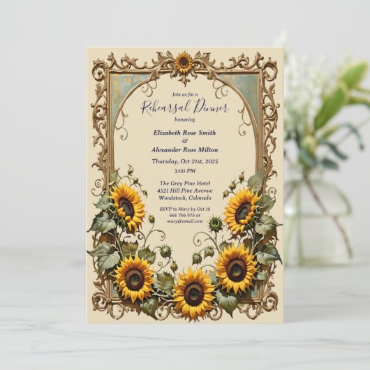 黄色のひまわりを使ったアートフレームのリハーサルディナー 招待状 (スタンド正面)