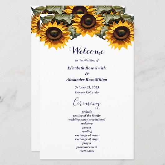 黄色のひまわりエレガントな結婚式プログラム (正面/裏面)