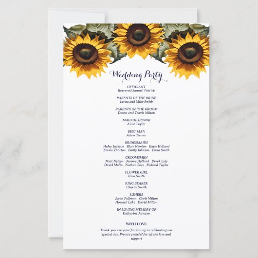 黄色のひまわりエレガントな結婚式プログラム (裏面)