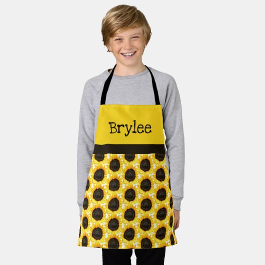 黄色のひまわりクラフトまたは料理の子供をパーソナライズ エプロン (着用した状態)