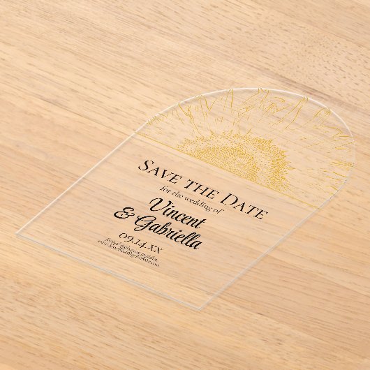 黄色のひまわりグラフィック結婚式の日付を保存 アクリル招待状 (レイダウン)