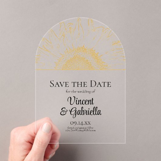 黄色のひまわりグラフィック結婚式の日付を保存 アクリル招待状 (インサイチュ (ポータブル))