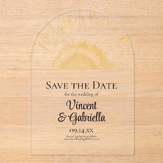 黄色のひまわりグラフィック結婚式の日付を保存 アクリル招待状 (正面)