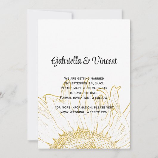 黄色のひまわりグラフィック結婚式の日付を保存 招待状 (正面)