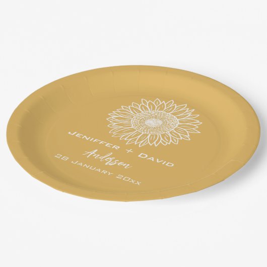黄色のひまわりパーソナライズされたのスケ結婚ッチ ペーパープレート (アングル)