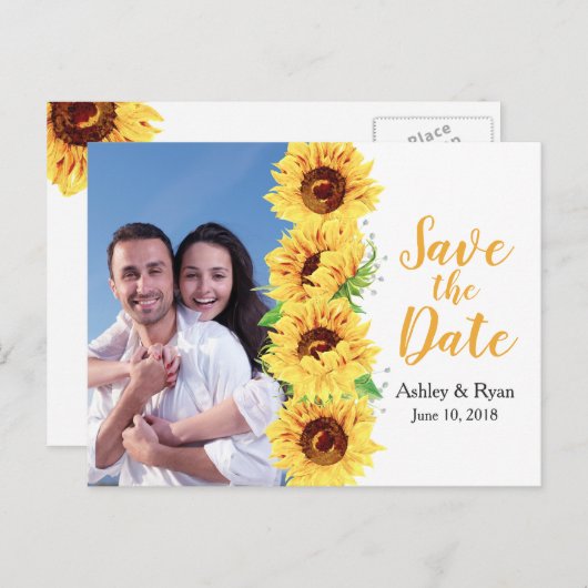 黄色のひまわり写真結婚式の日付を保存 案内ポストカード (正面/裏面)