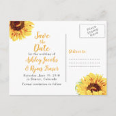 黄色のひまわり写真結婚式の日付を保存 案内ポストカード (裏面)