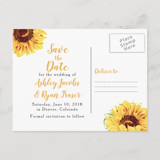 黄色のひまわり写真結婚式の日付を保存 案内ポストカード (裏面)