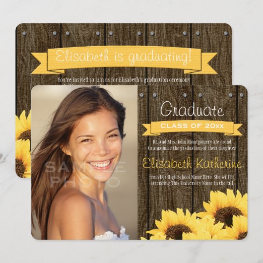 黄色のひまわり卒業発表 招待状 (正面/裏面)