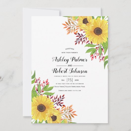 黄色のひまわり及び紅葉結婚秋 招待状 (正面)