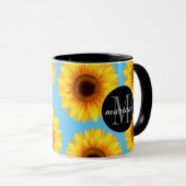 黄色のひまわり名前とイニシャル青 マグカップ (正面右)