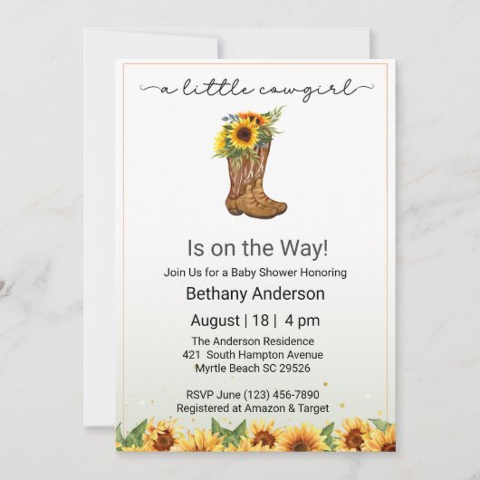 黄色のひまわり女性のカーボーイオンザウェイベビーシャワー 招待状 (正面)