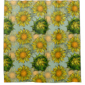 黄色のひまわり模様(背景ティール（緑がかった色）) シャワーカーテン (正面)