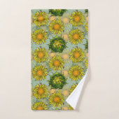 黄色のひまわり模様(背景ティール(緑がかった色)) バスタオルセット (ハンドタオル)