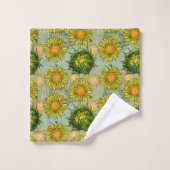 黄色のひまわり模様(背景ティール(緑がかった色)) バスタオルセット (ウォッシュタオル)