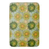 黄色のひまわり模様(背景ティール（緑がかった色）) バスマット (正面縦)