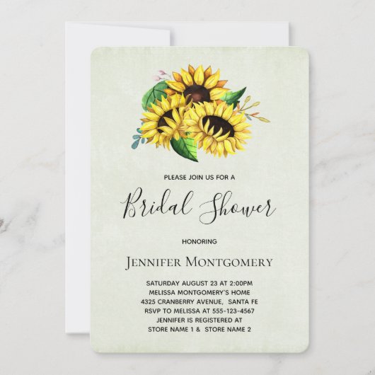 黄色のひまわり水彩ブライダルシャワー 招待状 (正面)