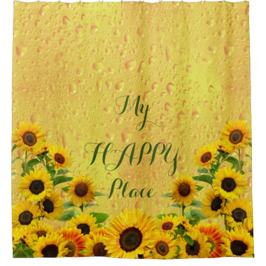 黄色のひまわり水滴が私の幸せな場所 シャワーカーテン (正面)