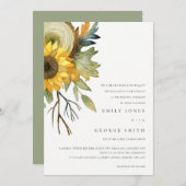 黄色のひまわり水色フローラ結婚式の招待 サンキューカード (正面/裏面)