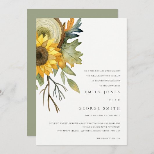 黄色のひまわり水色フローラ結婚式の招待 サンキューカード (正面/裏面)