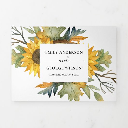 黄色のひまわり水色フローラ結婚式の招待 三つ折り招待状 (カバー)