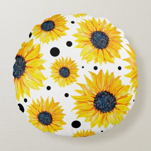 黄色のひまわり白い背景パターン ラウンドクッション (正面)