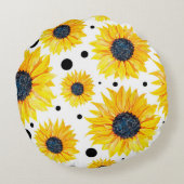 黄色のひまわり白い背景パターン ラウンドクッション (裏面)