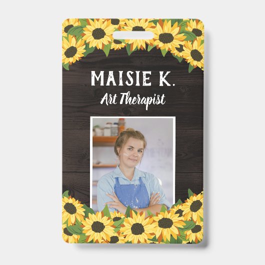 黄色のひまわり素朴とダークウッドの写真 バッジ (Front)