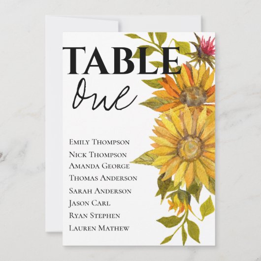 黄色のひまわり結婚のテーブル座席表 (裏面)