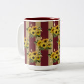 黄色のひまわり花とブルゴーニュと金ゴールドストライプ ツートーンマグカップ (正面左)