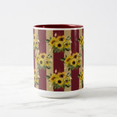 黄色のひまわり花とブルゴーニュと金ゴールドストライプ ツートーンマグカップ (中央)