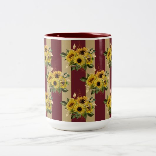 黄色のひまわり花とブルゴーニュと金ゴールドストライプ ツートーンマグカップ (中央)
