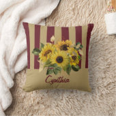 黄色のひまわり花とブルゴーニュと金ゴールド ストライプの クッション (ブランケット)