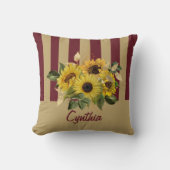 黄色のひまわり花とブルゴーニュと金ゴールド ストライプの クッション (正面)