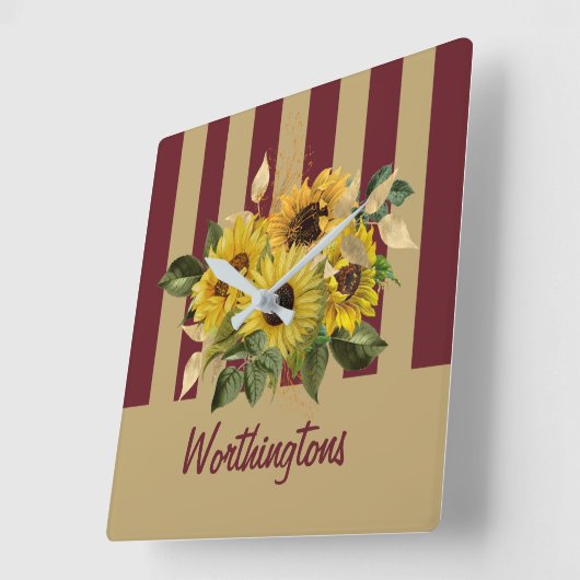 黄色のひまわり花とブルゴーニュと金ゴールド ストライプの スクエア壁時計 (傾斜)