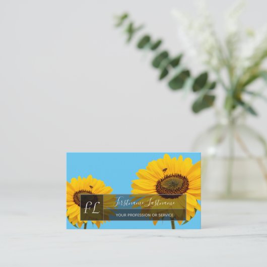黄色のひまわり花は青いモノグラムの長方形を咲かせる 名刺 (スタンド正面)