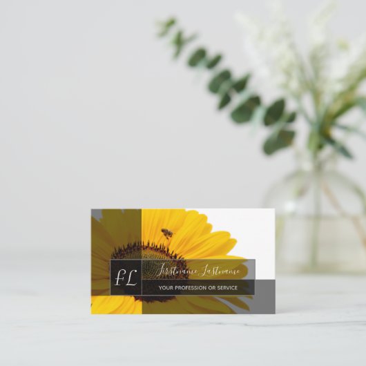 黄色のひまわり花は青いモノグラムの長方形を咲かせる 名刺 (スタンド正面)