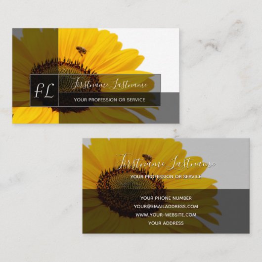黄色のひまわり花は青いモノグラムの長方形を咲かせる 名刺 (正面/裏面)