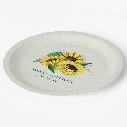 黄色のひまわり花水彩結婚の花束 ペーパープレート (アングル)