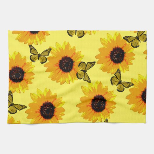 黄色のひまわり蝶お茶タオル キッチンタオル (横)