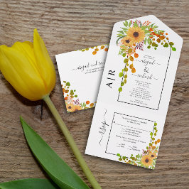 黄色のひまわり、アーチとイニシャルが落ちる結婚式 オールインワン招待状