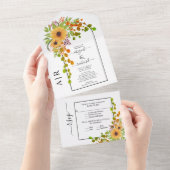 黄色のひまわり、アーチとイニシャル秋の結婚式 オールインワン招待状 (貼ってはがせる)