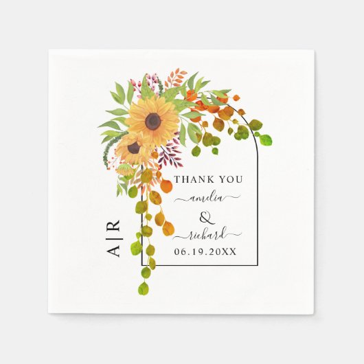 黄色のひまわり、アーチとイニシャル秋の結婚式 スタンダードカクテルナプキン (正面)