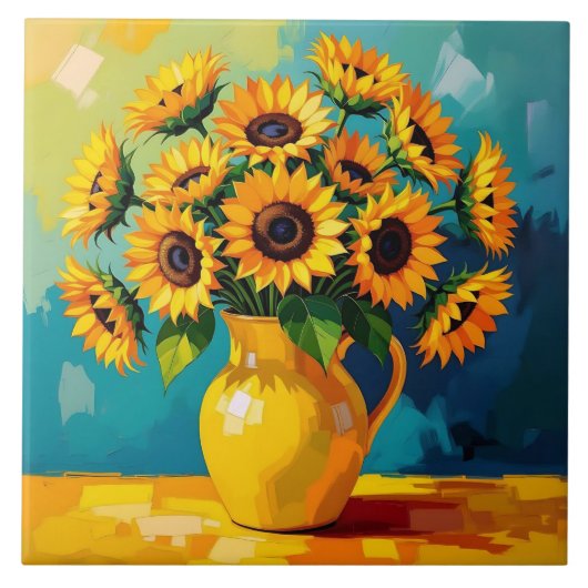 黄色のひまわり(ターコイズ付) タイル (正面)